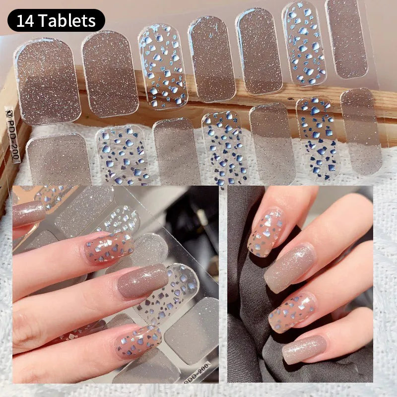 Pink Glitter Design Baking-free Nail Stickers French Style Solid Color Adhesive Full Cover Nail Strip Slider DIY Manicure Decals