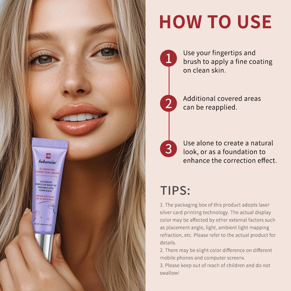 Lakerain CC Correcting Cream Brighten Water-gel Red Correction 3 Functions Cover Blemishes CC Cream Women Face Base Makeup