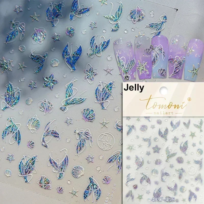 Sea Wave Jellyfish Starfish Conch Shell Dolphin Pearl Summer Beach Goldfish Water Bubble Mermaid Koi INS Nail Art Stickers Decal