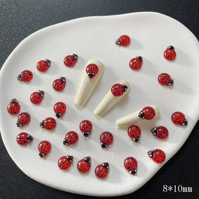 50Pcs Cute Insect Ladybug Nail Charms 3D Resin Ladybugs Nail Art Rhinestones 8*10mm Summer Manicure Decoration Ladybug DIY FT5*