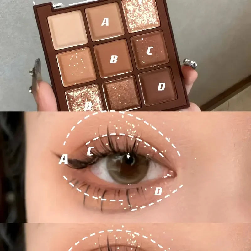 Chocolate eyeshadow Palette - 9 shades of natural brown & gold, with glitter & matte effects, lasting eye makeup, Korean makeup