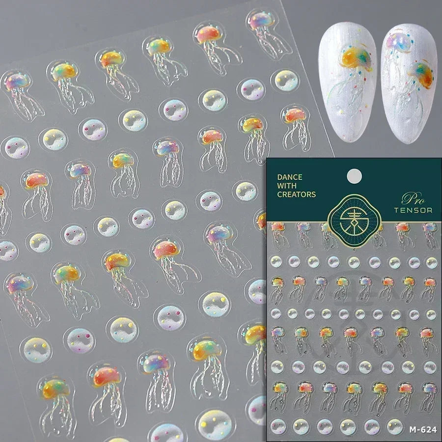 Sea Wave Jellyfish Starfish Conch Shell Dolphin Pearl Summer Beach Goldfish Water Bubble Mermaid Koi INS Nail Art Stickers Decal