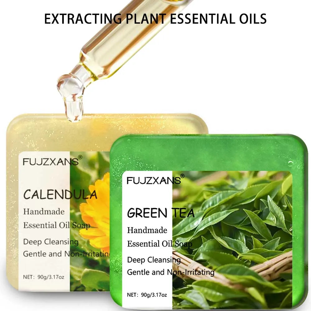 90g FUJZXANS Handmade Essential Oil Soap Bars - Rose, Jasmine, Green Tea, Calendula, Osmanthus, Lavender, Lemon - 7 Long-Lasting