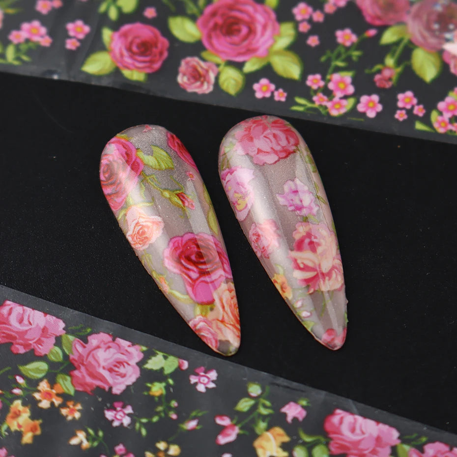 4Style Rose Flower Nail Foil Transfer Sticker - Elegant Flower Starry Sky Paper Spring/Summer Floral Decals for Wedding Nail art