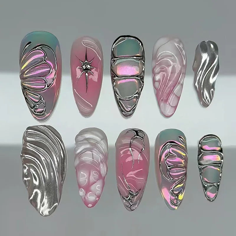 24Pcs Black Y2k Long False Nails with Almond Head Design Cat's Eye Silver Stripe Pattern Press on Fake Nails Wearable Nail Tips