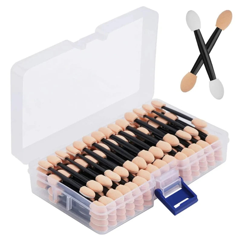 Cuttte 50/100PCS Disposable Dual Sides Eye Shadow Sponge Applicators with Container, Length Eyeshadow Brushes Makeup Applicator