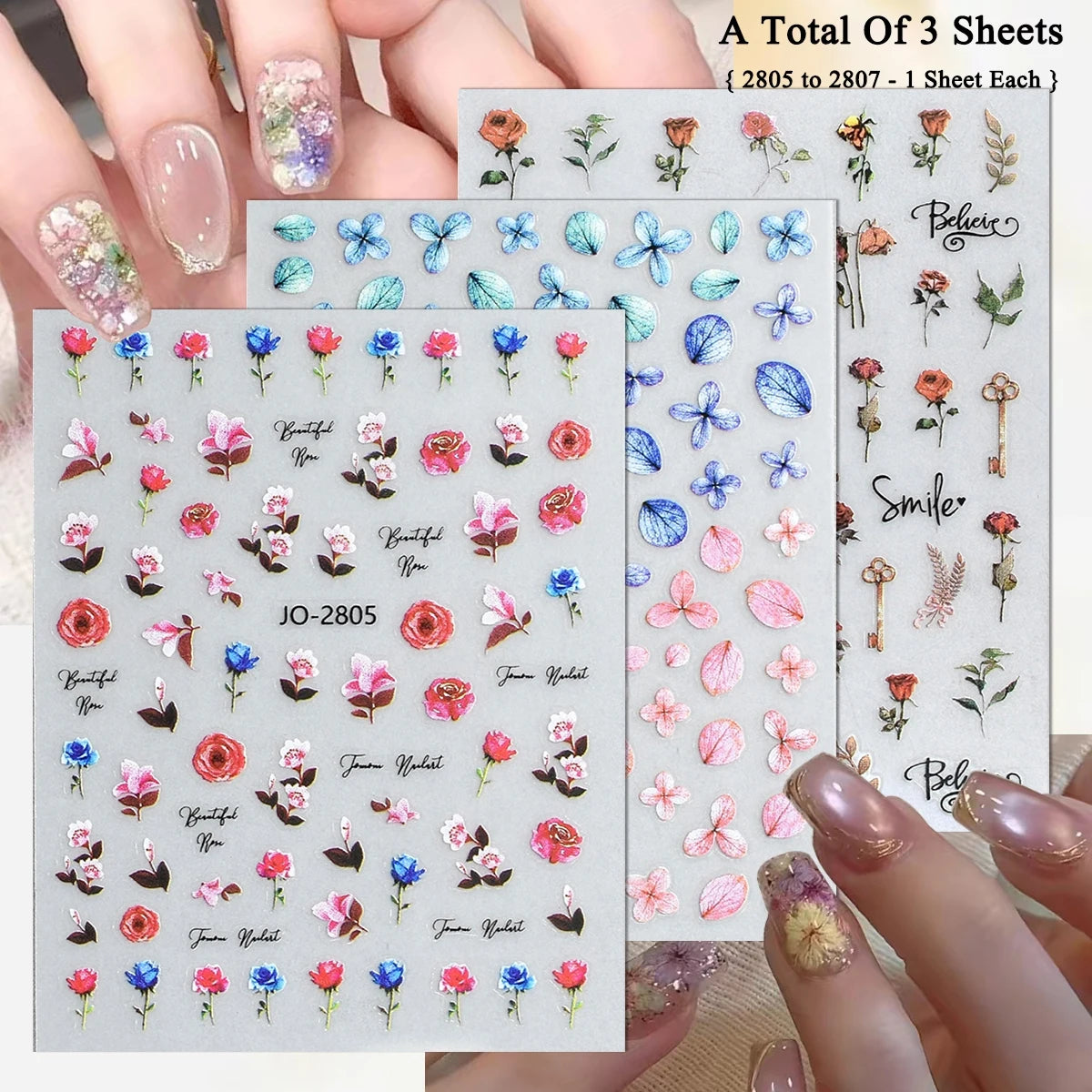 3 to 30 Sheets Floral Nail Stickers Watercolor Flower Petal Botanical Spring Garden Soft Pastel Self-Adhesive Nail Art Decals