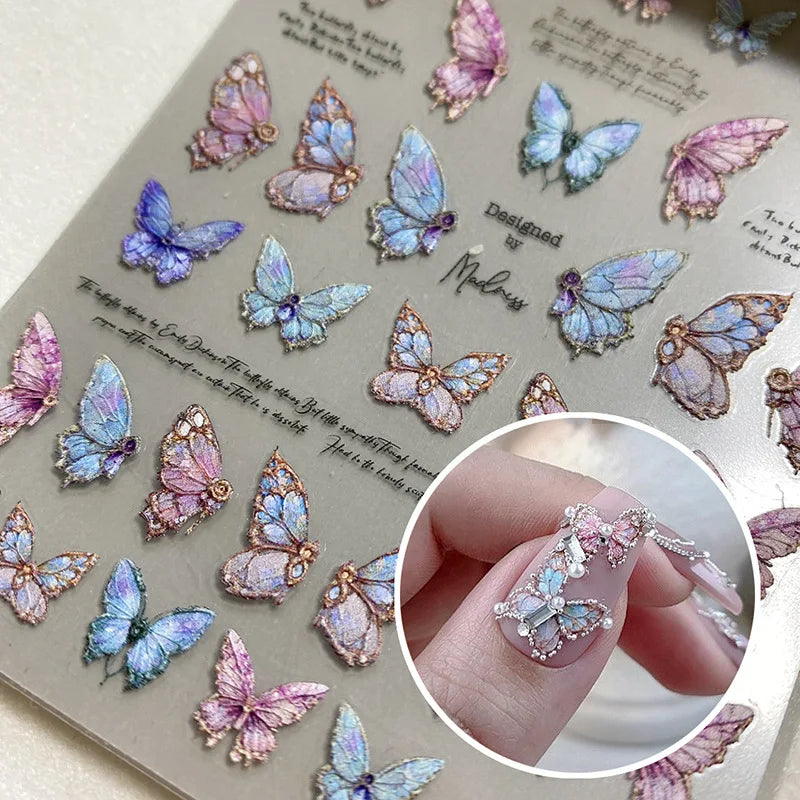 Pink Purple Aurora Shell Butterfly Nail Stickers Shiny Laser 3D Butterflies Nail Decals 8*10cm Adhesive Aurora Shell Butterfly N