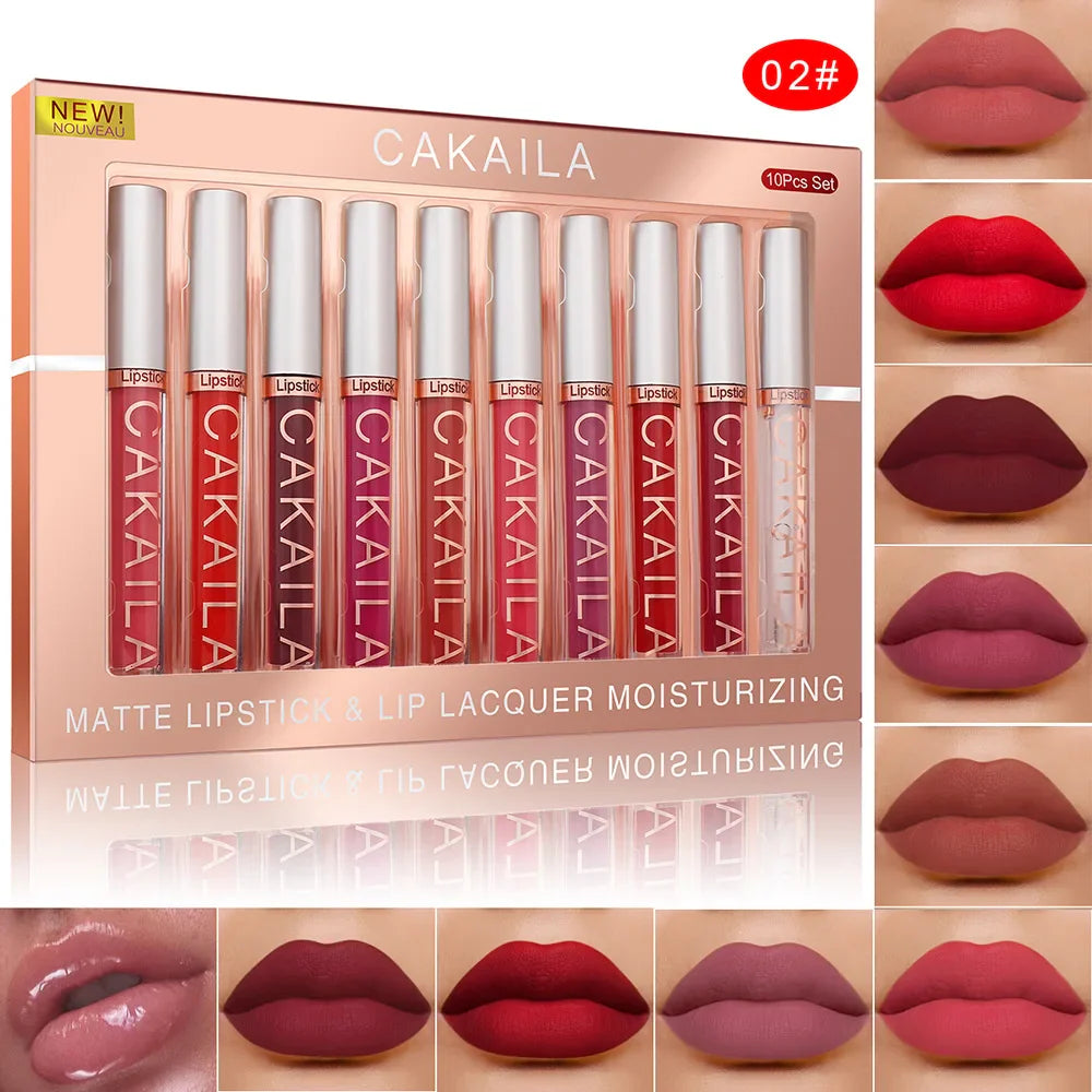 CAKAILA 10pcs/set Nude Lip Gloss Matte Velvet Lipstick Waterproof Long-lasting Liquid Lipstick Women Moist Lip Tint