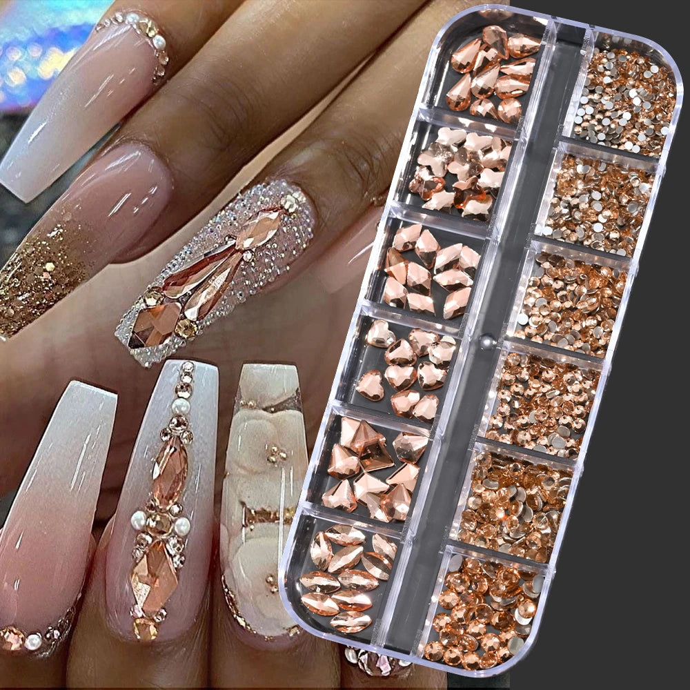 12Grids Pink Mixed Nail Rhinestones Luxury Nail Charms Glitter Crystal Jewelry Gems Nail Art Decoration DIY Manicure Rhinestones
