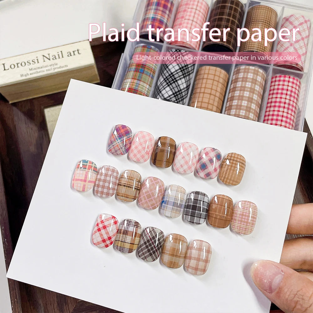 Kaniu 10Rolls Artistic Plaid Nail Transfer Foils Sweet Bohemian Nail Stickers Metallic Decals Manicure Design Fashion Nail Art