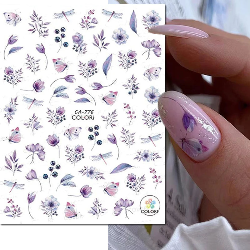 3d Nail Art Decals Watercolor Florals Purple Green Pink Flowers Leafs Fruit Adhesive Sliders Nail Stickers For Manicure
