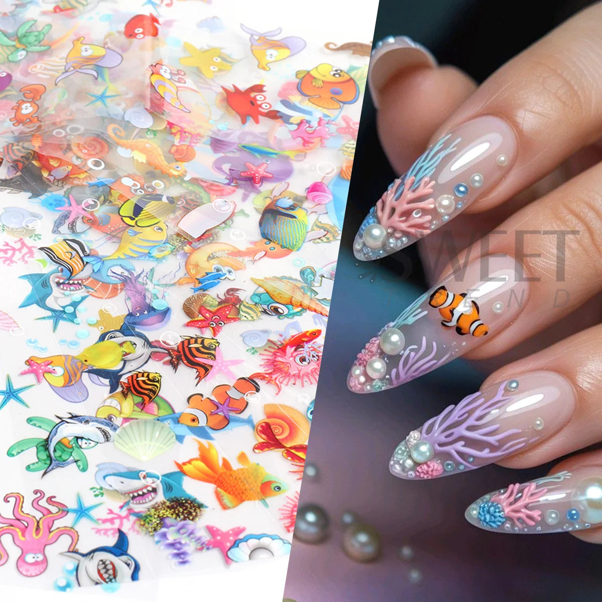 10pcs Adorable Marine Life Nail Transfer Foils Clownfish Starfish Conch Starry Sky Paper Summer Ocean Sliders Manicure Tattoos