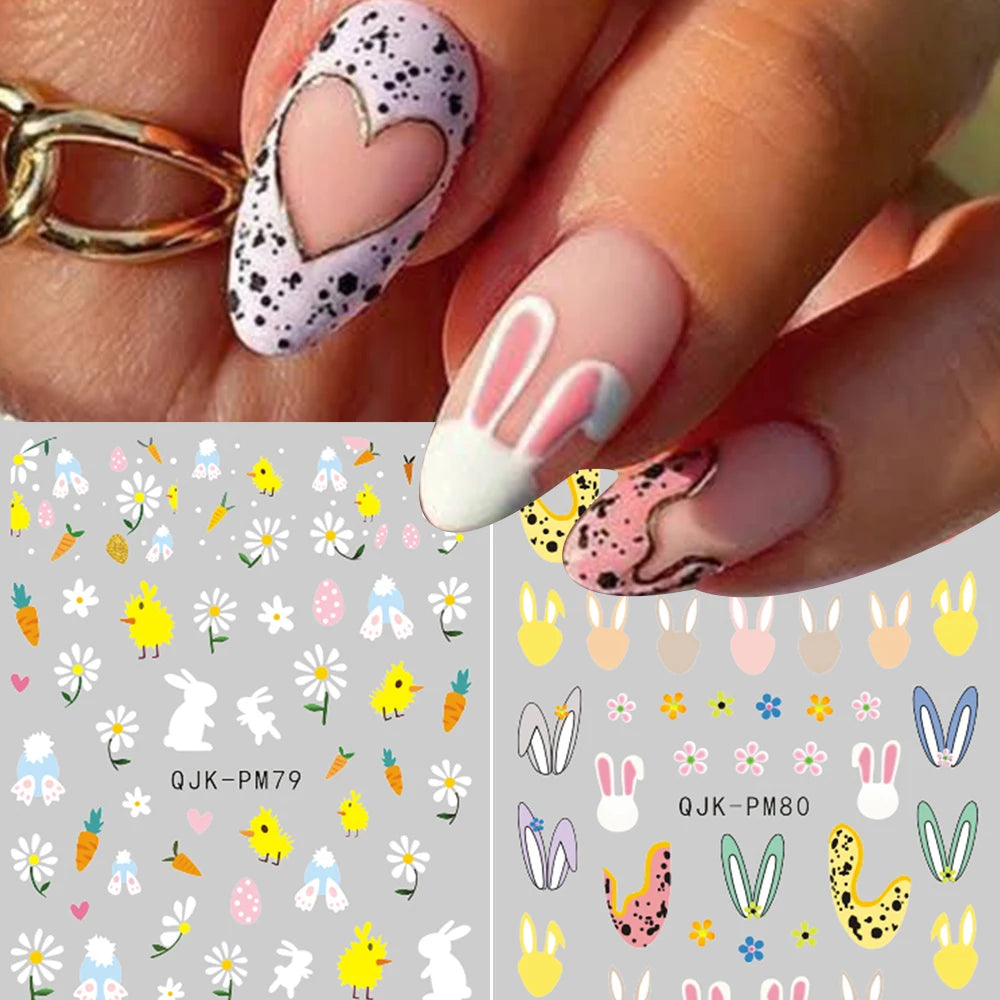 2pcs Easter Bunny 3D Nail Stickers Cartoon Cute Easter Eggs Rabbits Nail Decals Adhesive Nail Design DIY Decorations For Nails