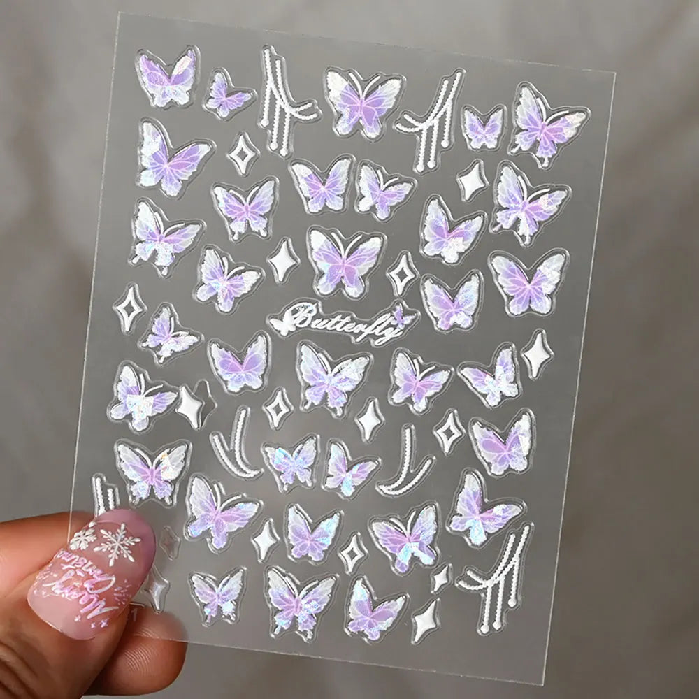 Pink Purple Aurora Shell Butterfly Nail Stickers Shiny Laser 3D Butterflies Nail Decals 8*10cm Adhesive Aurora Shell Butterfly N