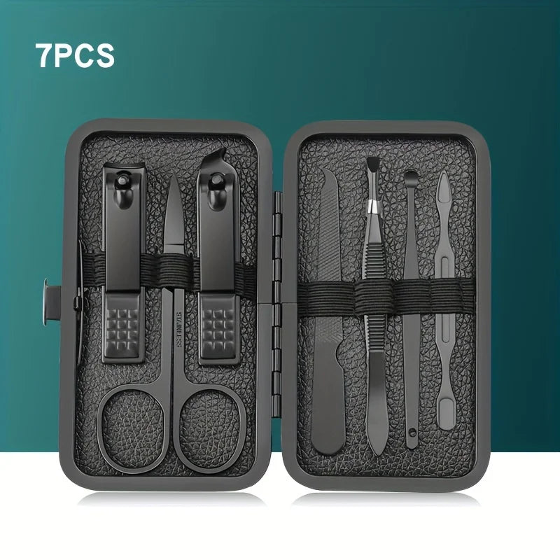 Stainless Steel 7/10/16/18pcs Black Manicure kit Pedicure Set Scissors Nail Clipper Grooming Tool Kit with Travel Case