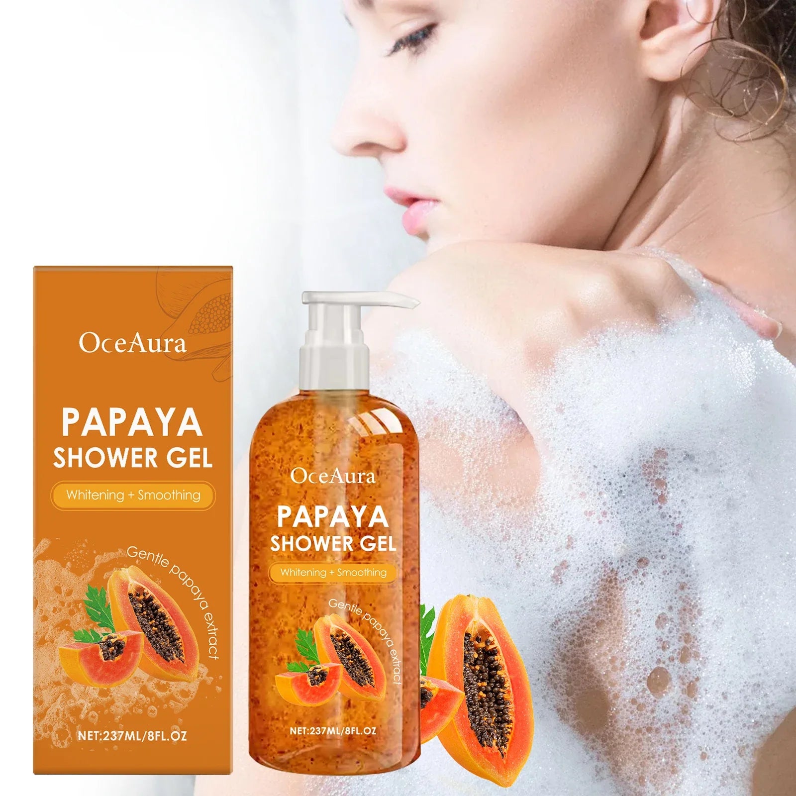 Papaya Shower Gel Whitening Smoothing Cleansing Remove Dirt Fade Pigmentation Rich Foam Lasting Aroma Hydrate Refresh Body Wash
