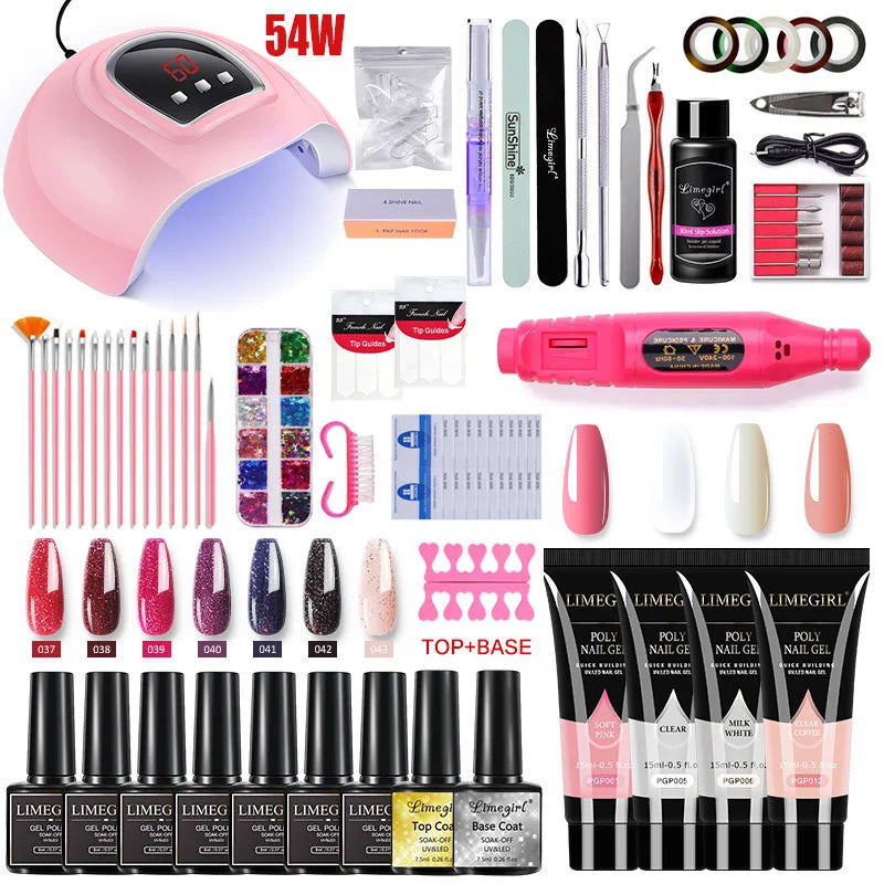 Nail Extension Kit Acrylic Gel Polish Nail Polish with UV LED Nail Lamp Manicure Kit and Base Coat Top Coat for Salon and Home