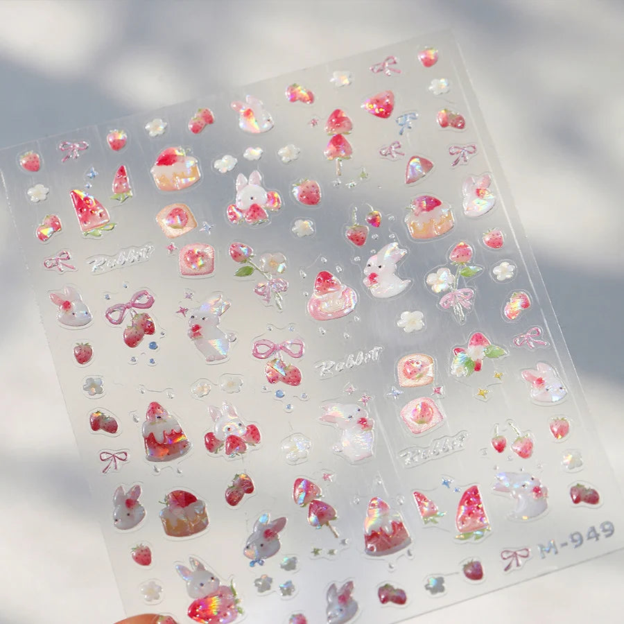 Nail Art Stickers Cute Manicure Decals Lovely Strawberry Muffin Cream Cake Ice Cream Bowknot 5D Embossed Reliefs Self Adhesive
