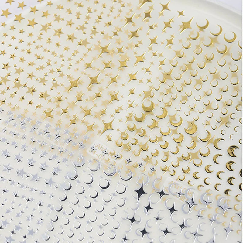 3D Gold Silver Star Nail Art Stickers Black White Crescent Moon Decals Self Adhesive Slider Polish Stickers Manicure Decoration