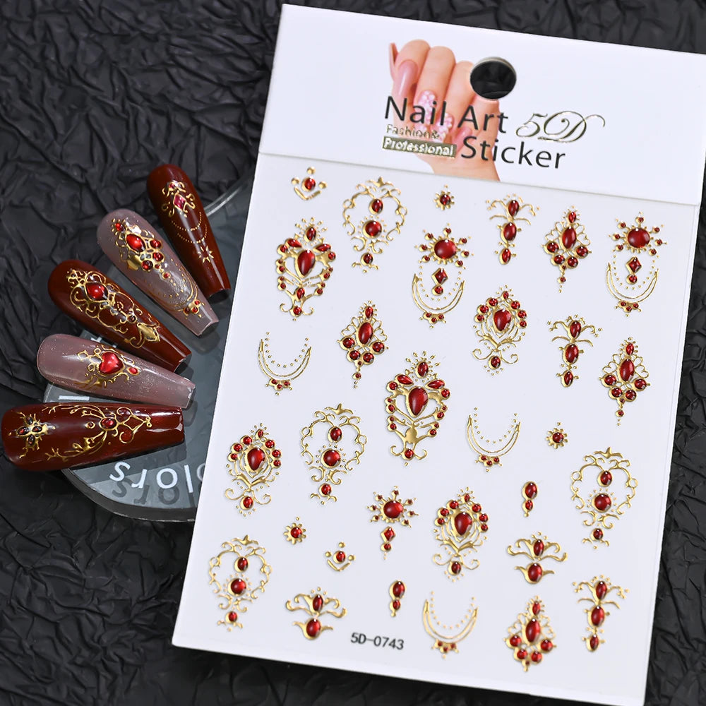 5D Embossed Emerald Gemstones Nail Art Stickers Luxury Golden Frame Baroque Flower Nail Decals Green Rhinestones Nail Supplies