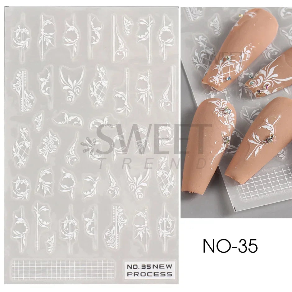 White Lace Flower Nail Art Sticker Acrylic Floral Charm Adhesive Sliders Elegant Wedding Bride Simple Line Design Manicure Decal