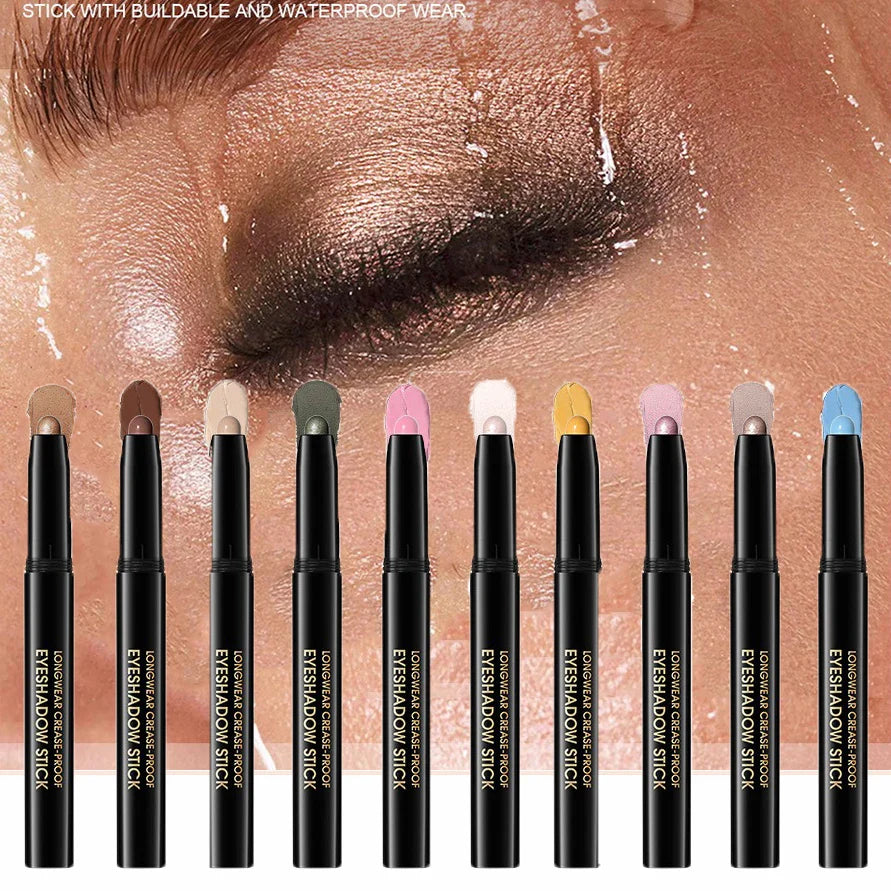 10 Colors Longwear Crease-proof Eyeshadow Pencil Stick Lasting Glitter Shimmer Matte Eye Shadow Highlighter Pen Eyes Makeup Tool