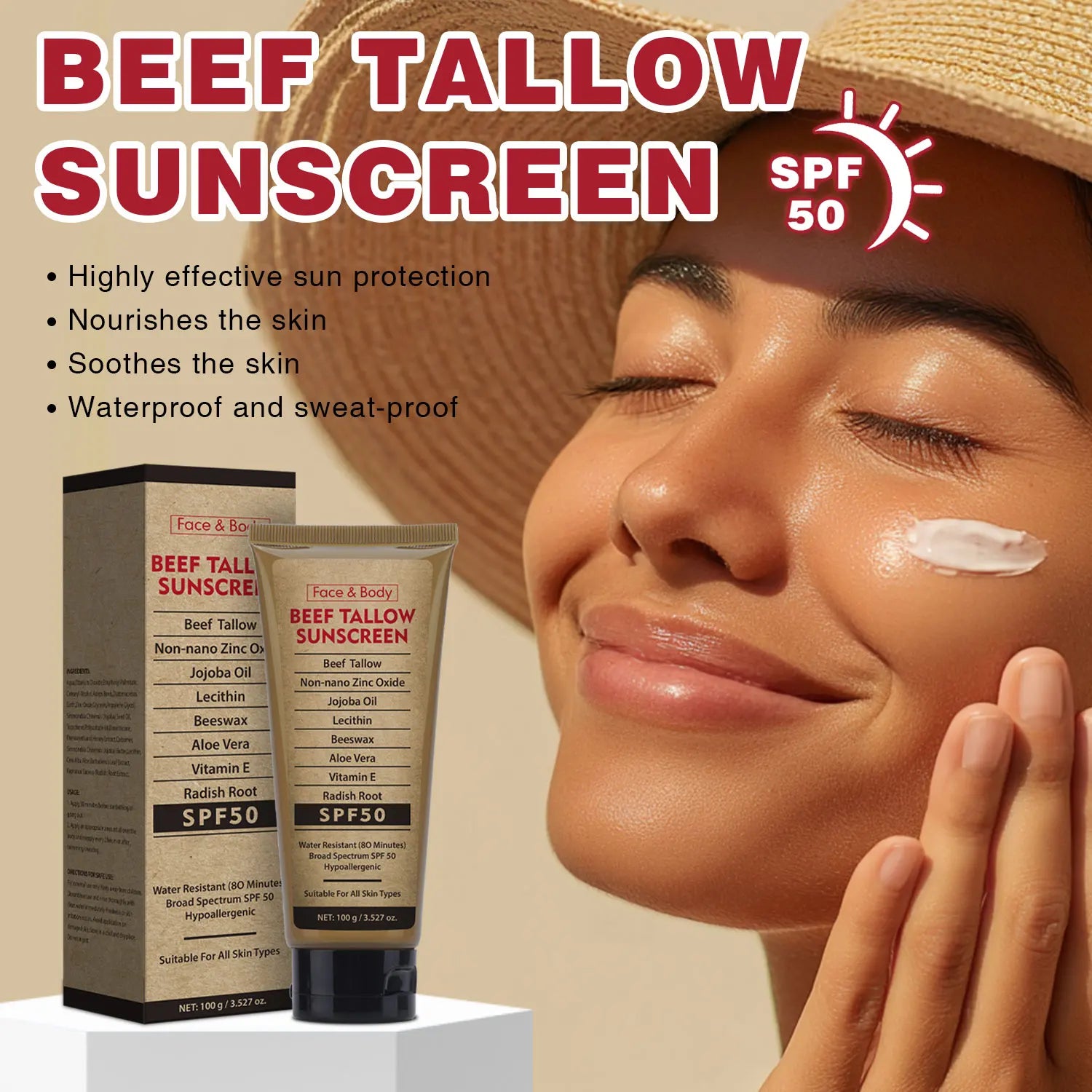 100g Organic Grass-Fed Beef Tallow Sunscreen SPF50 Long-lasting Sun Protection Face & Body Sunscreen Waterproof and Sweat-proof