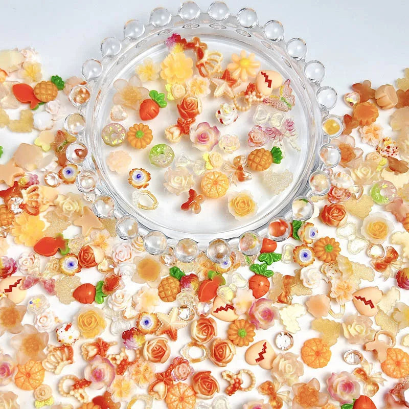 100Pcs Mixed Cute Cartoon Nail Charms 3D Resin Flower Bow Fruit Nail Art Decorations Manicure DIY Phone Case Accessories