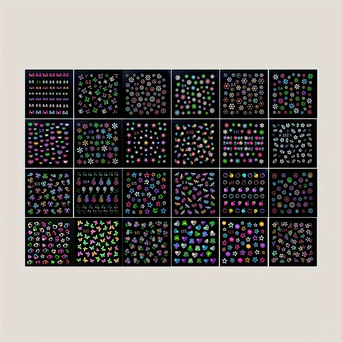 30 Sheets 3D Glow in The Dark Neon Nail Stickers - Glittery Glossy Self-Adhesive Nail Art Decorations with Butterfly, Love Heart