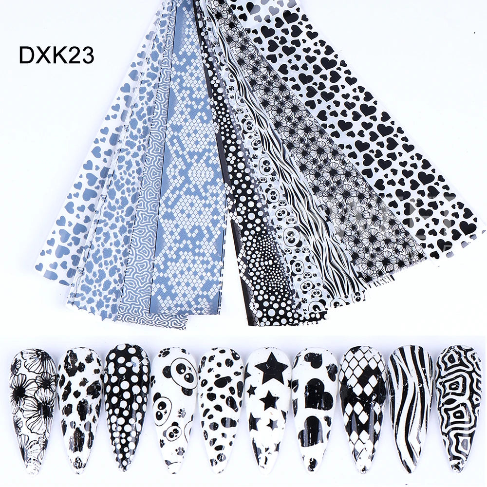 10PCS Plaid Nail Art Foil Transfer Paper Black White Grid Animal Plaid Print Pattern Nail Sticker Manicure Decals Decorations