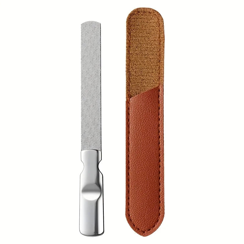 Stainless Steel Nail Files with Leather Case, Double Sided Metal Nail Files with Anti-slip Handle, Metal Nail File Buffer
