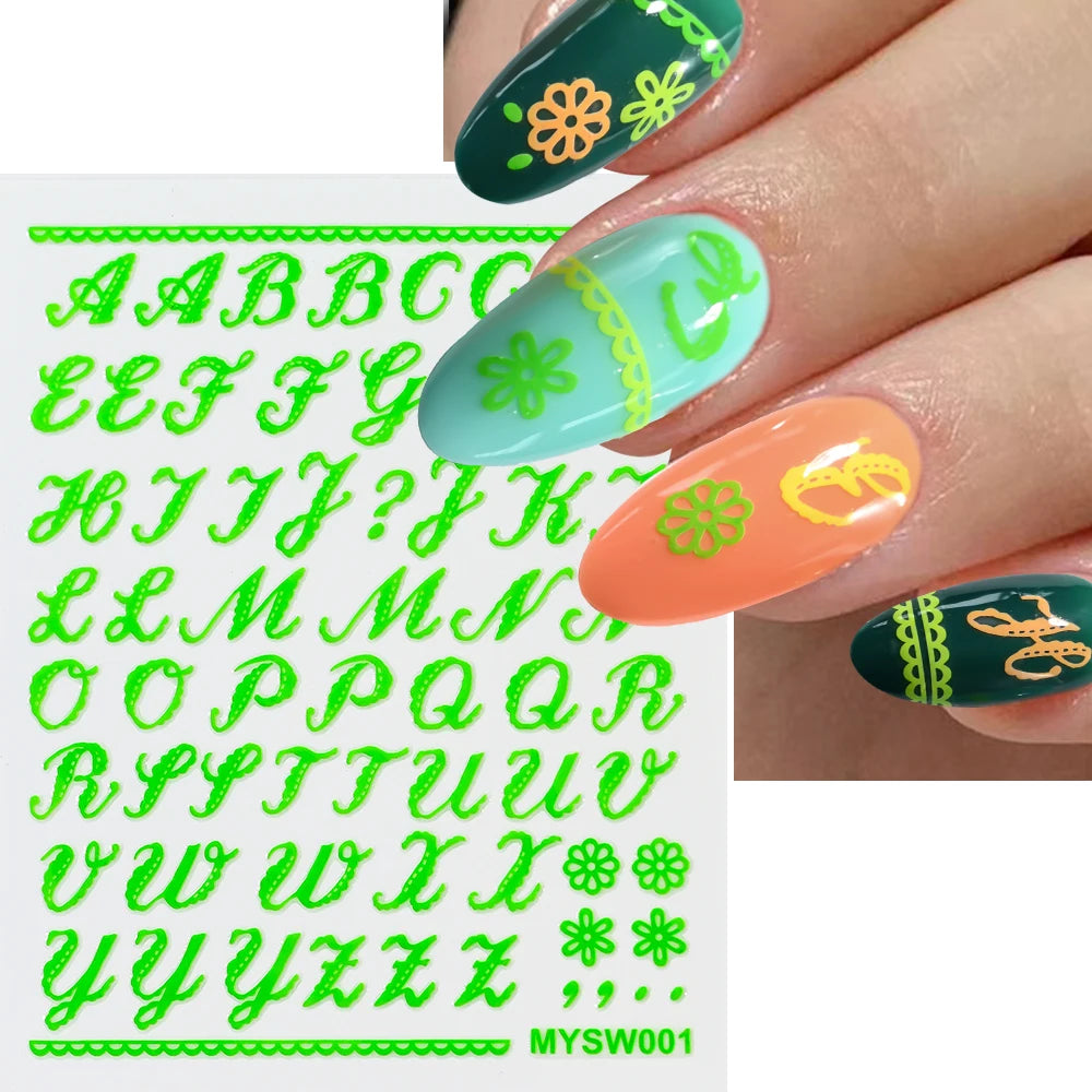 1Pc 3D Roman Letter Nail Stickers Gold/Silver/Black/Laser Alphabet Self Adhesive Decal Y2K English Words/Number Manicure Sliders