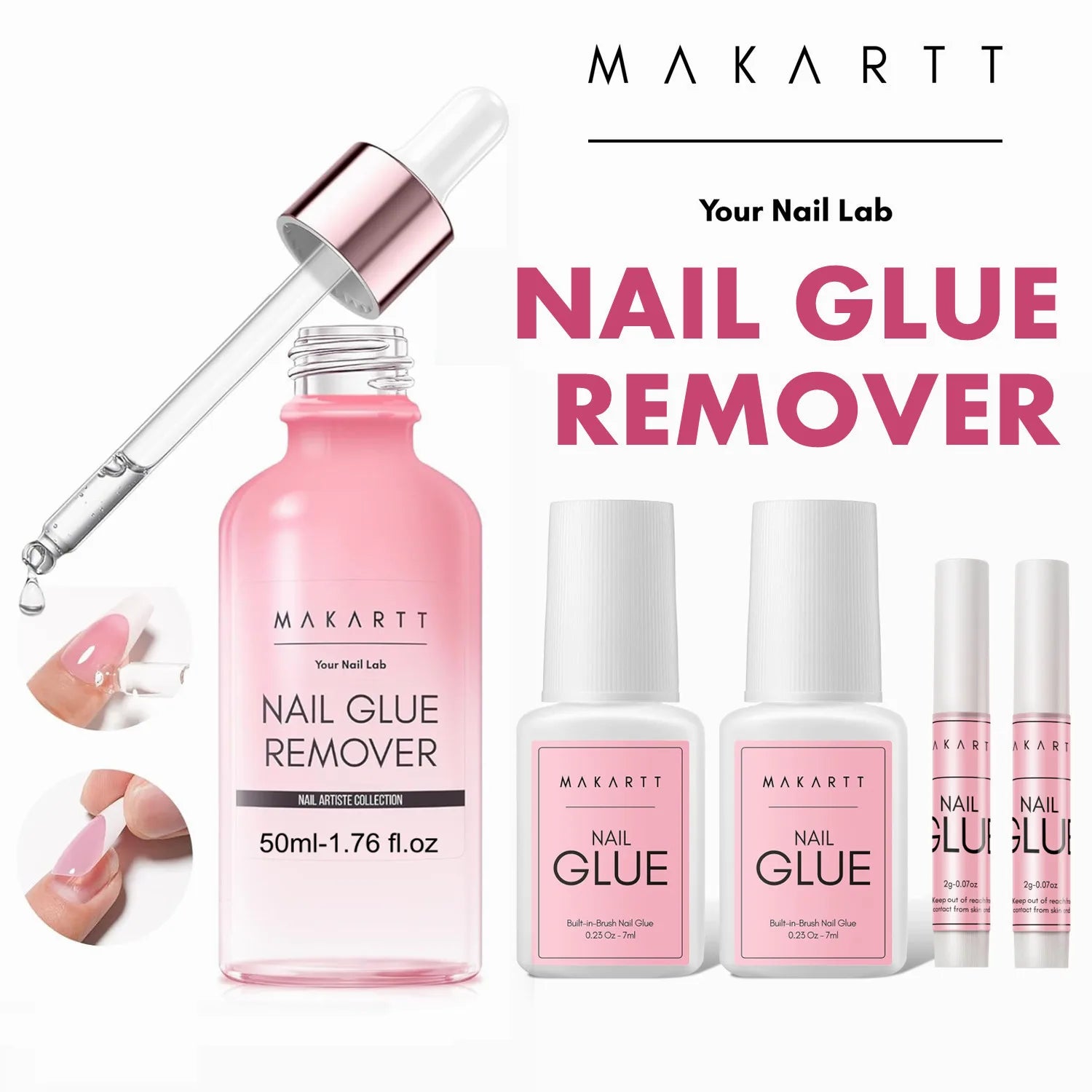 Makartt Super Strong Nail Glue and Glue Remover ,Quick Glue Debonder | Easy Removal with a Dropper Applicator For Press On Nails
