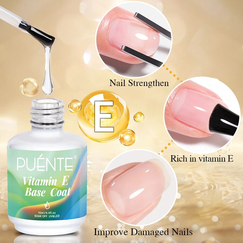 PUENTE 15ML Vitamin E Base Coat Gel Nail Polish For Soft Thin Breaking Nails Strengthen Soak Off UV Gel Varnish For Nail Care