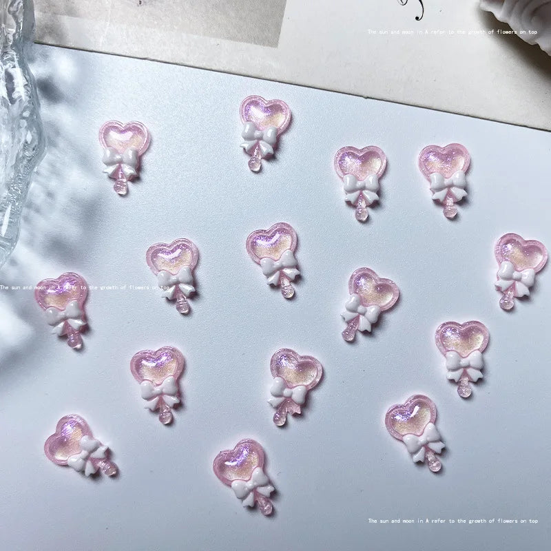 20pcs Cute Magic Wand Nail Art Accessories 3D Resin Nail Charms Pink Luminous Heart-shaped Bow Scepter Nail Art Decoration Parts
