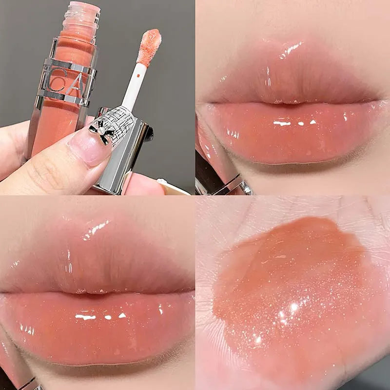 Mirror-like, moisturizing glass lip gloss with long-lasting, clear, plumping, and lip line-reducing properties. Lip gloss.