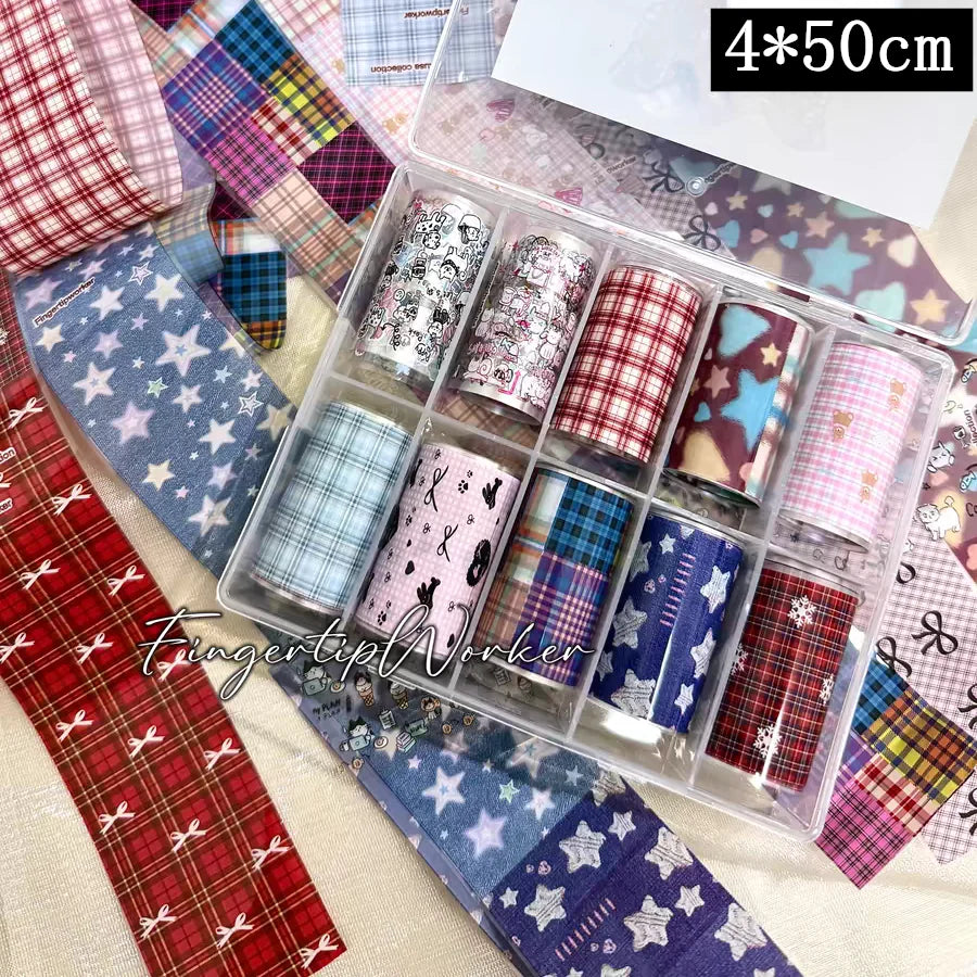 10Rolls Plaid Thousand-Bird Bow Stars Nail Foils Transfer Paper Nail Art Stickers Manicure Set Decal Nails Decoration