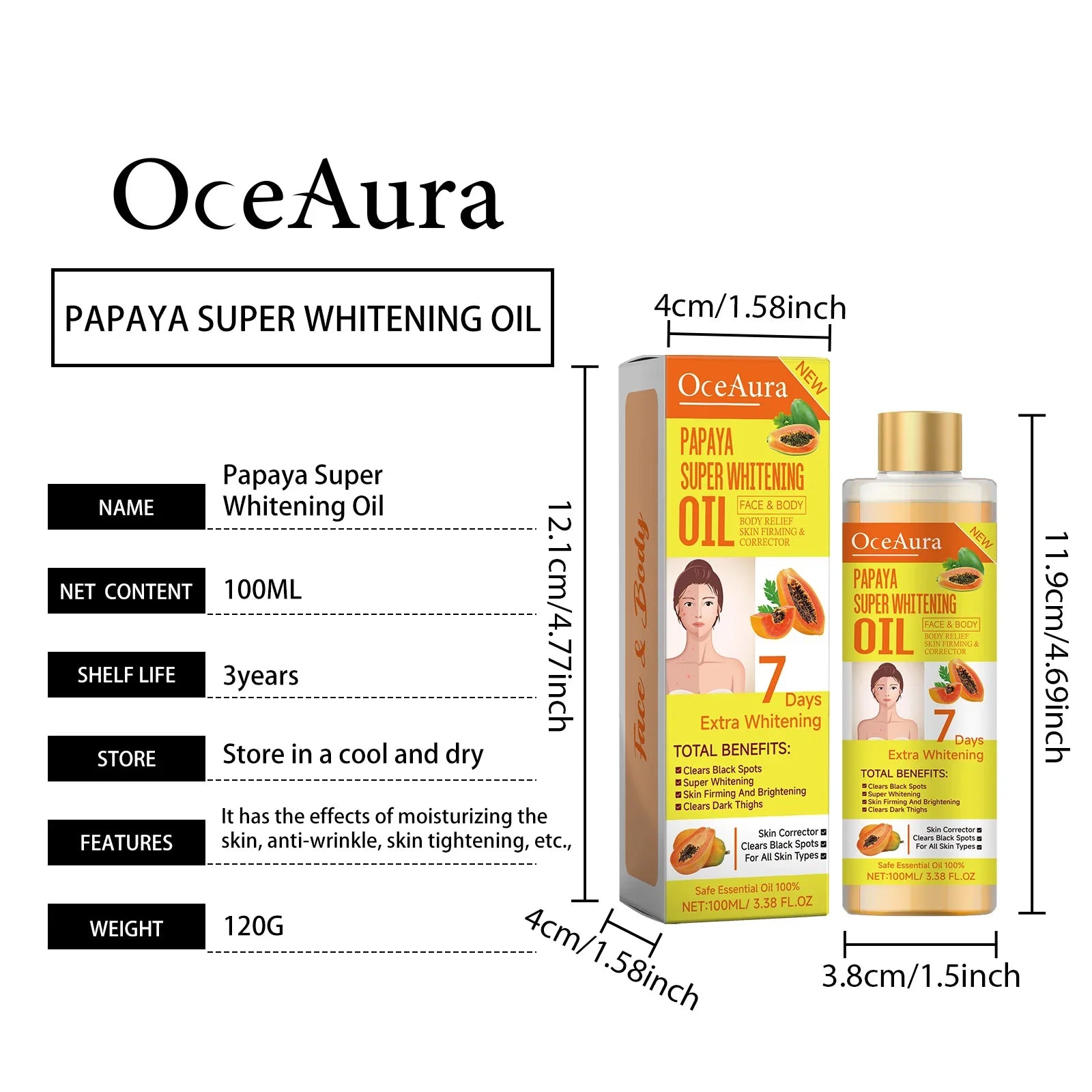 OCEAURA Papaya Super Whitening Oil Face & Body Moisturizer Nourishing Whitening Body Oil Body MassageSkin Papaya Oil 3.38 oz