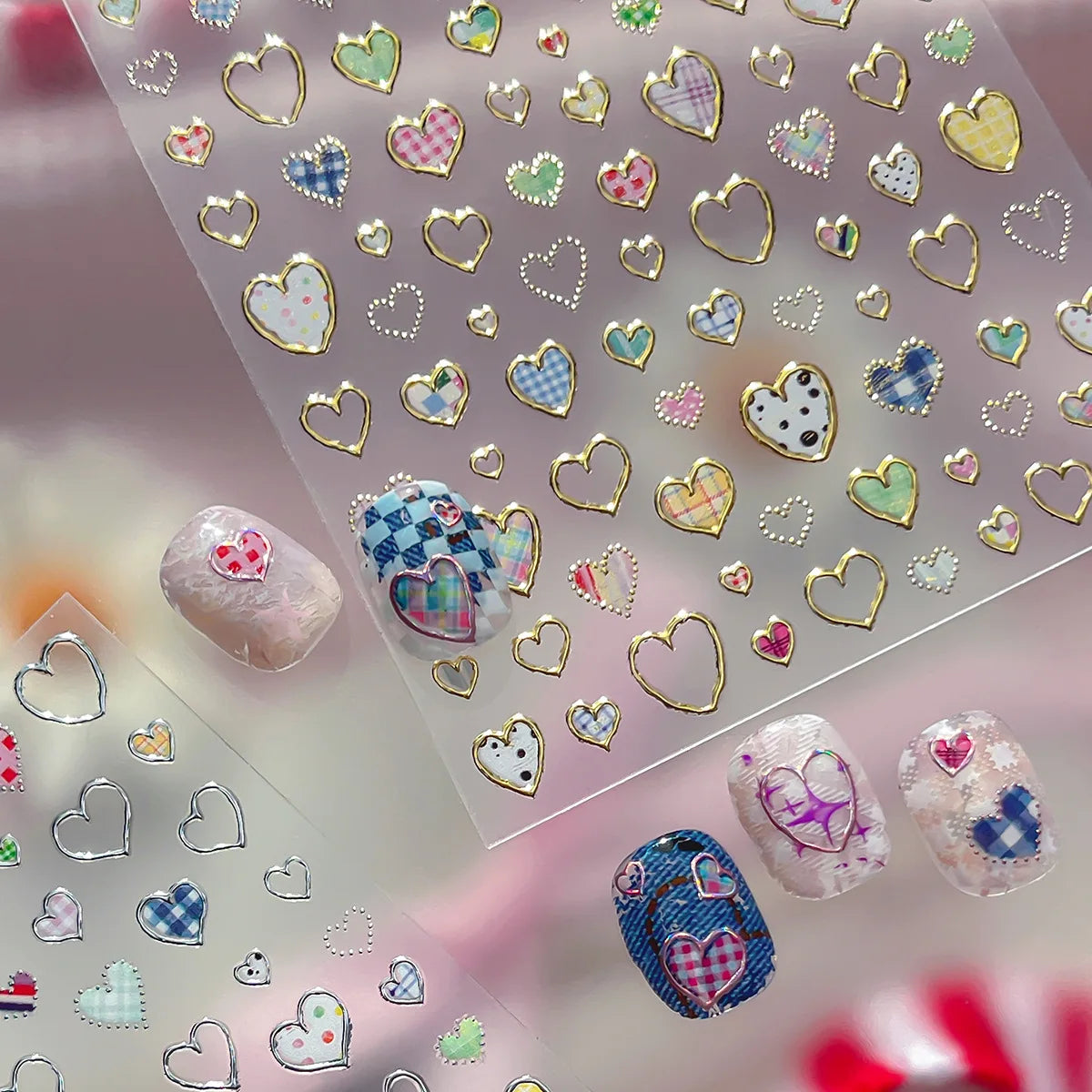 Silver-embossed Heart-shaped Nail Stickers Valentine's Day Colorful Checkered Nails Art Sticker Decorations DIY 3D Nails Decals