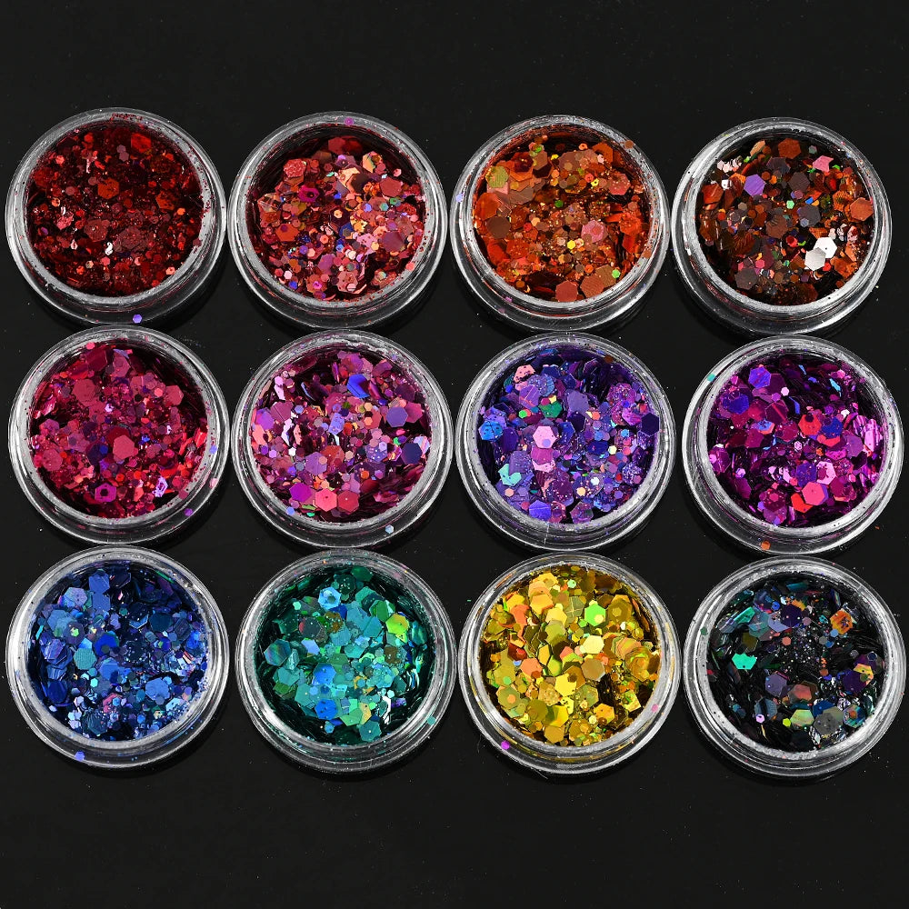 12Pcs Iridescent Nail Art Glitter Sequins Holographic Mix Hexagon Chunky Flakes DIYGel Polish Crafts Manicure Decorations Powder