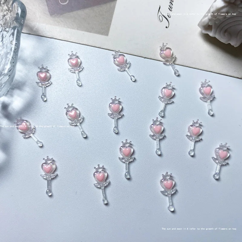 20pcs Cute Magic Wand Nail Art Accessories 3D Resin Nail Charms Pink Luminous Heart-shaped Bow Scepter Nail Art Decoration Parts
