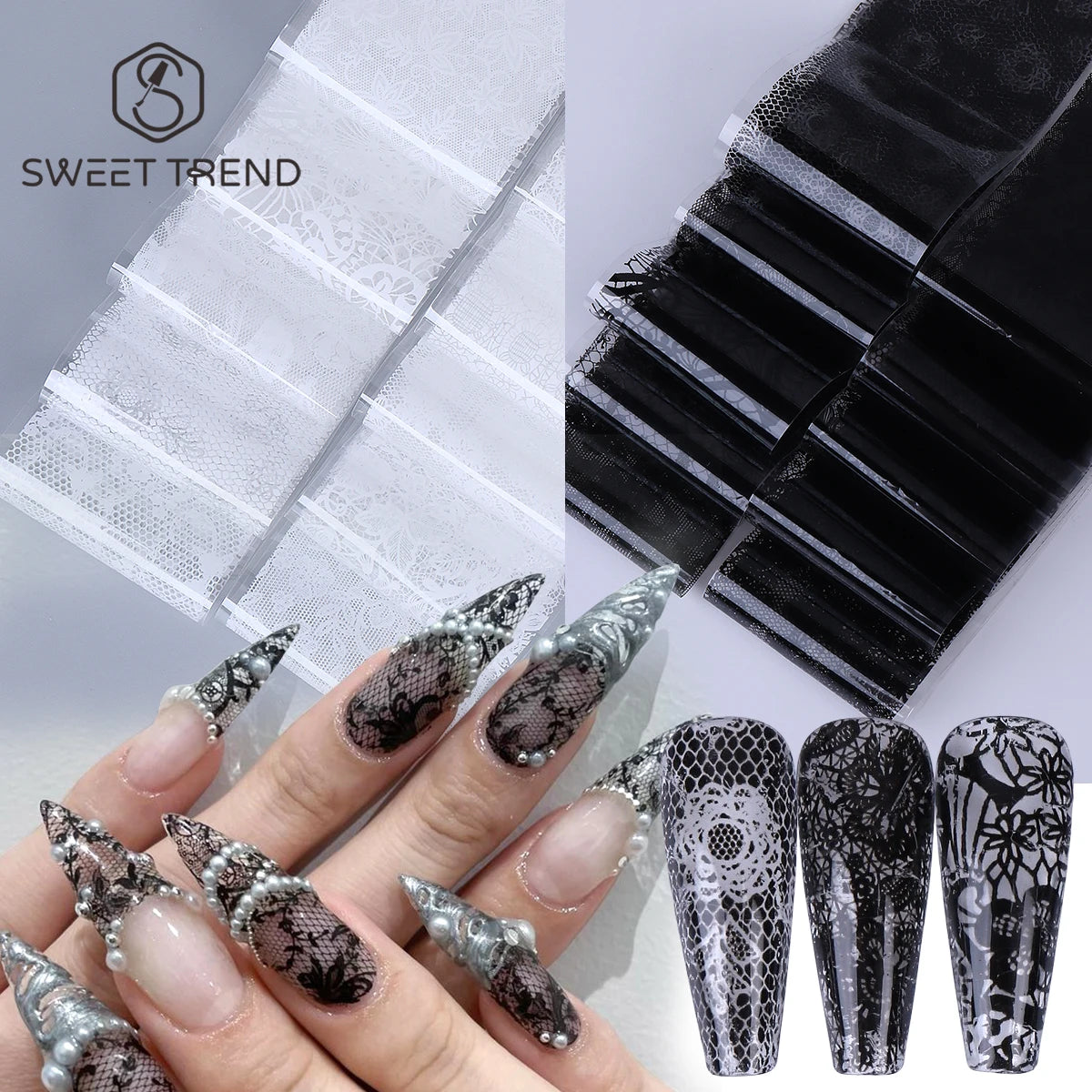 10/20pcs Elegant Black White Lace Flowers Nail Transfer Foils Fantasy Retro Floral Starry Sky Paper Sticker Manicure Accessories