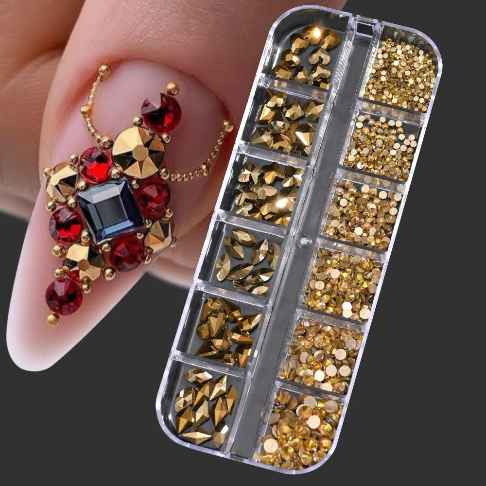 12Grids Pink Mixed Nail Rhinestones Luxury Nail Charms Glitter Crystal Jewelry Gems Nail Art Decoration DIY Manicure Rhinestones