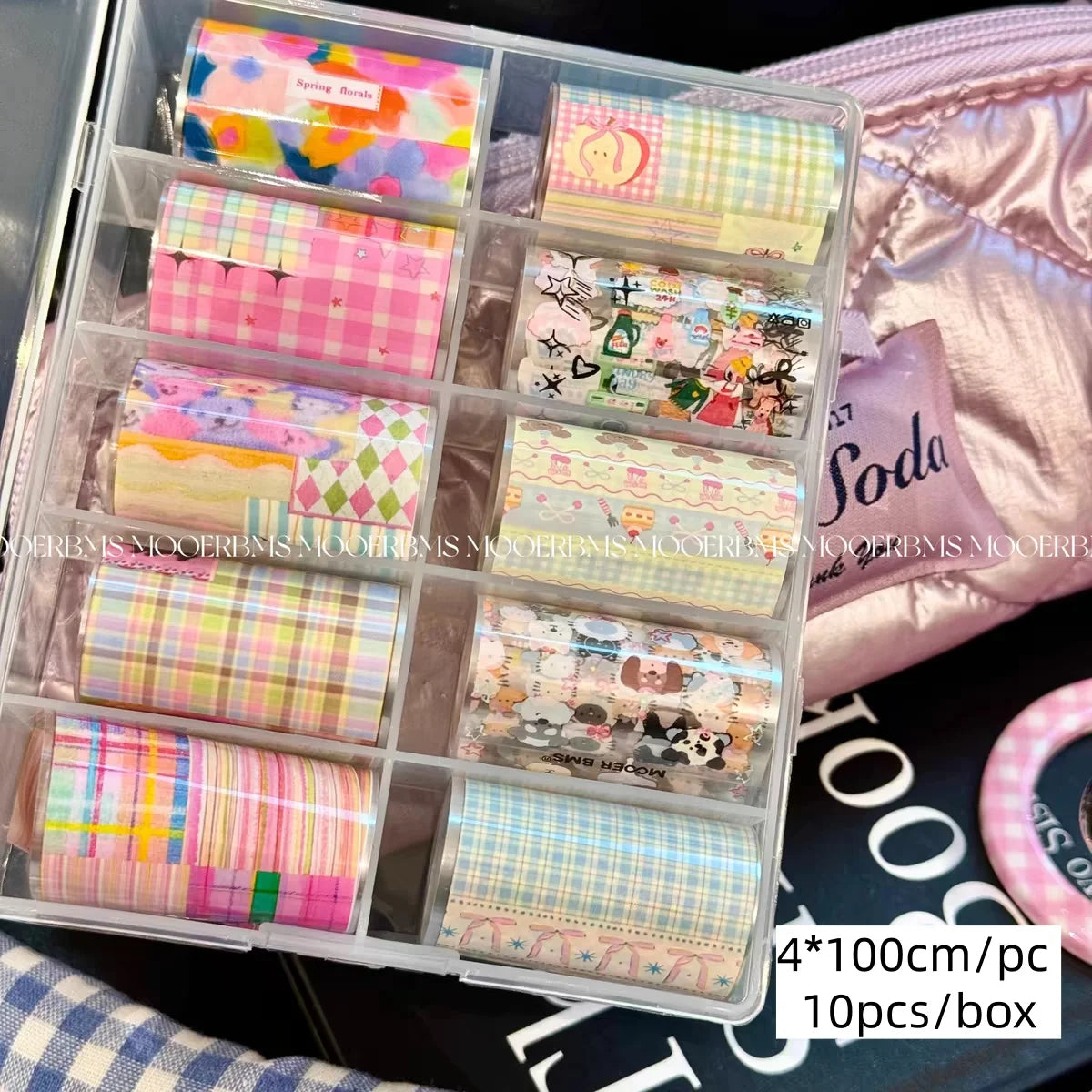 10Rolls Plaid Thousand-Bird Bow Stars Nail Foils Transfer Paper Nail Art Stickers Manicure Set Decal Nails Decoration