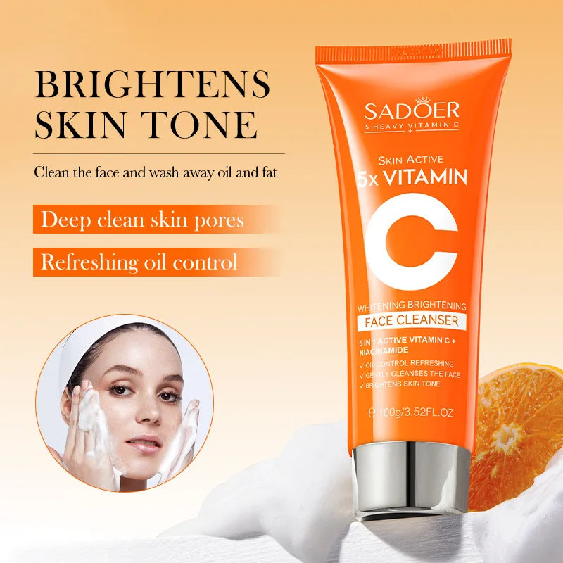 SADOER Vitamin C Facial Cleanser Face Wash Foam Cleanser Deep Cleansing Moisturizing Brightening Hydrating Skin Care Products