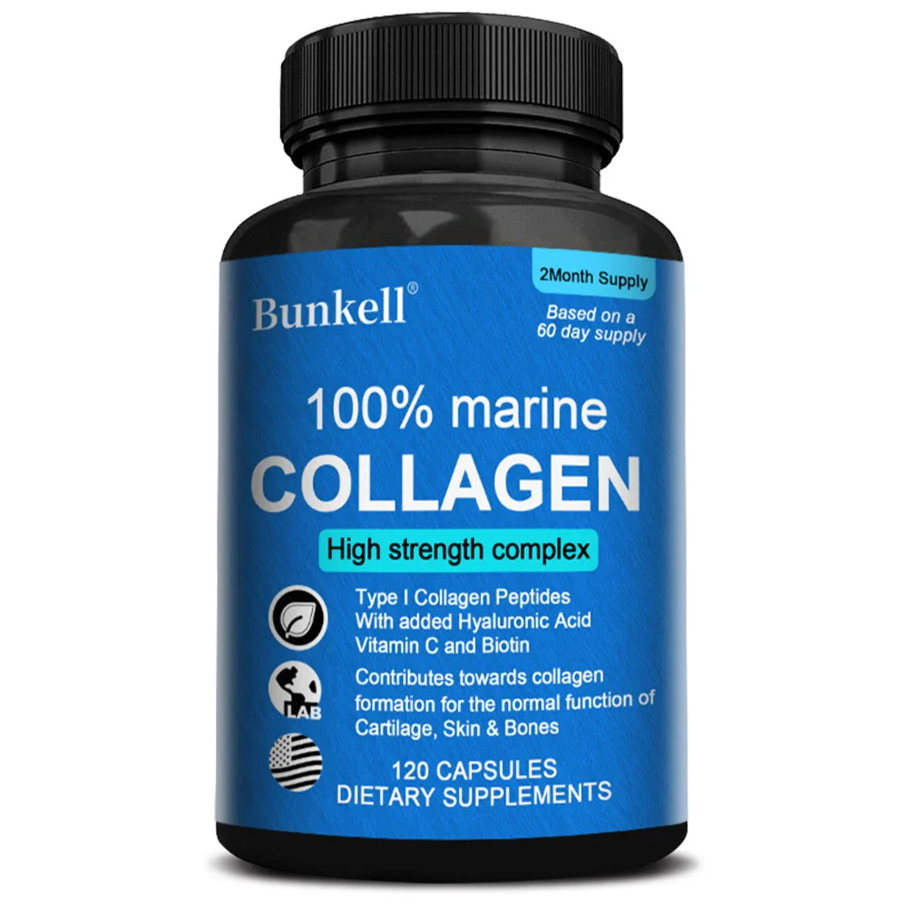 Marine Collagen | with Hyaluronic Acid, Vitamin C and Biotin | High Strength Collagen Supplement for Men and Women 120 Capsules