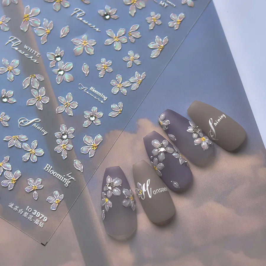 Elegant Flowers Nail Art Stickers 5D Crystal Diamond Nails Decorations Stickers Tassel White Pear Blossom DlY Autumn Nail Decals