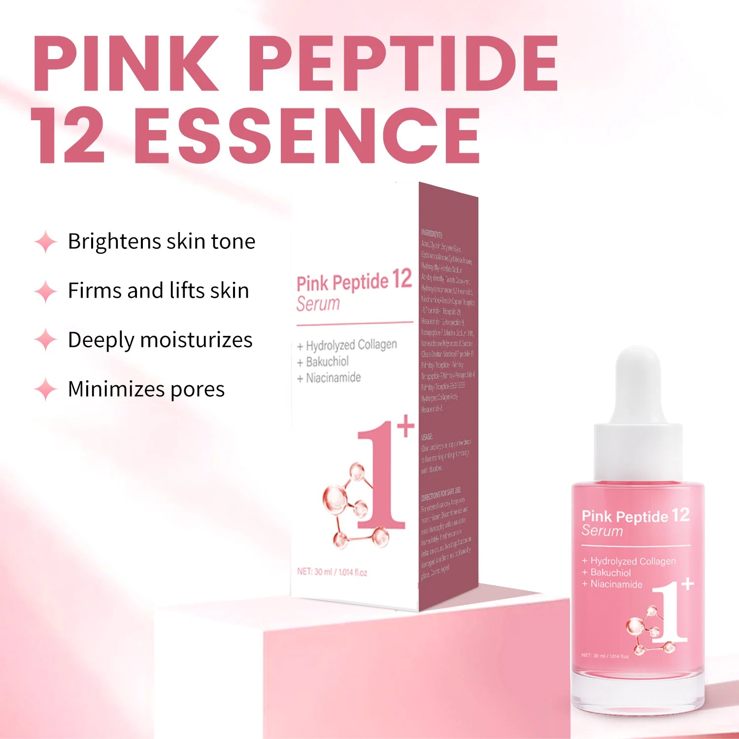 Pink Peptide 12 Serum with Bakuchiol & Niacinamide - Anti Aging Face Serum for Women - Hydrating & Firming 30ml