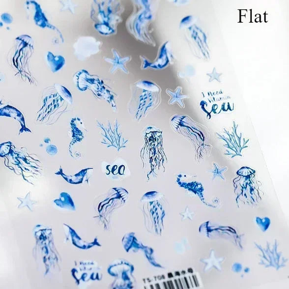 Sea Wave Jellyfish Starfish Conch Shell Dolphin Pearl Summer Beach Goldfish Water Bubble Mermaid Koi INS Nail Art Stickers Decal